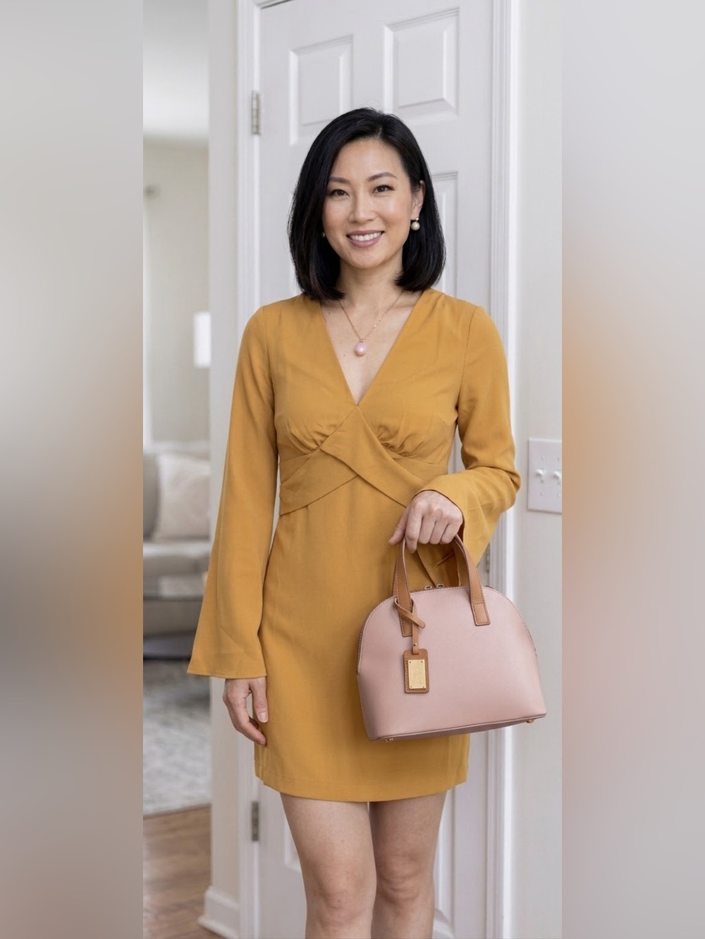 Long Bell-Sleeve V-Neck Mustard Dress